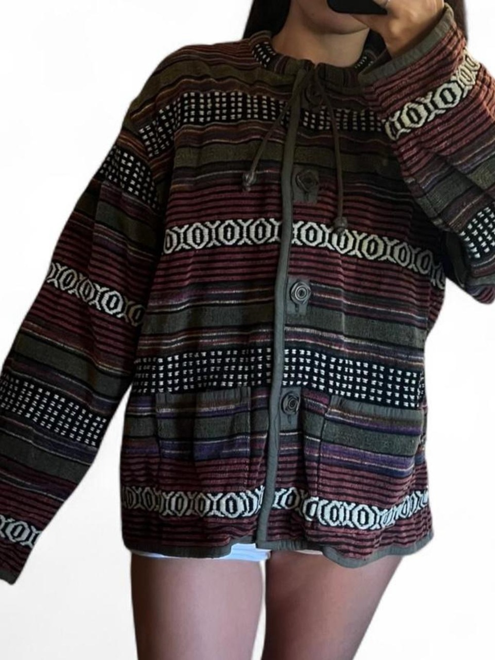 Etro Olive Green and Rust Striped Button-Up Bomber Jacket